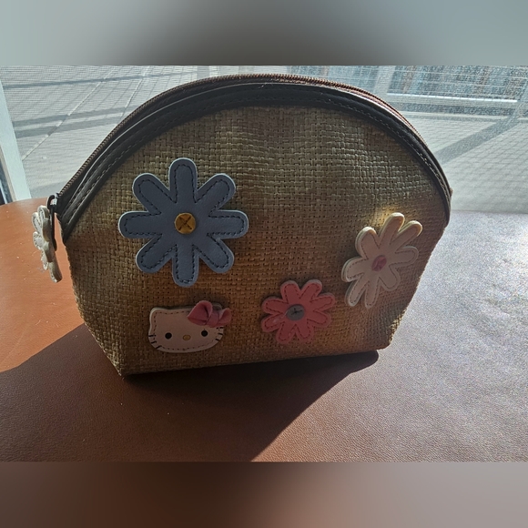 Hello kitty jute woven with flower hello kitty patches makeup bag pouch - Picture 6 of 9